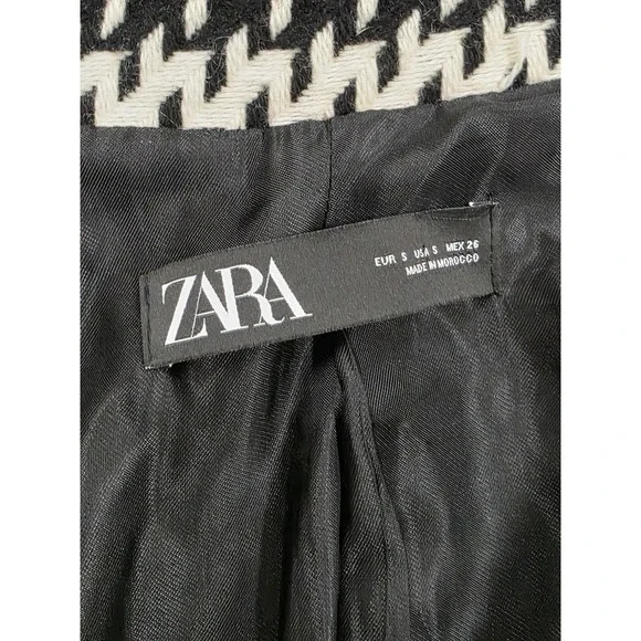 Zara Coat Womens Small Black White Houndstooth Wool Blend Long Tweed Overcoat - Picture 4 of 15